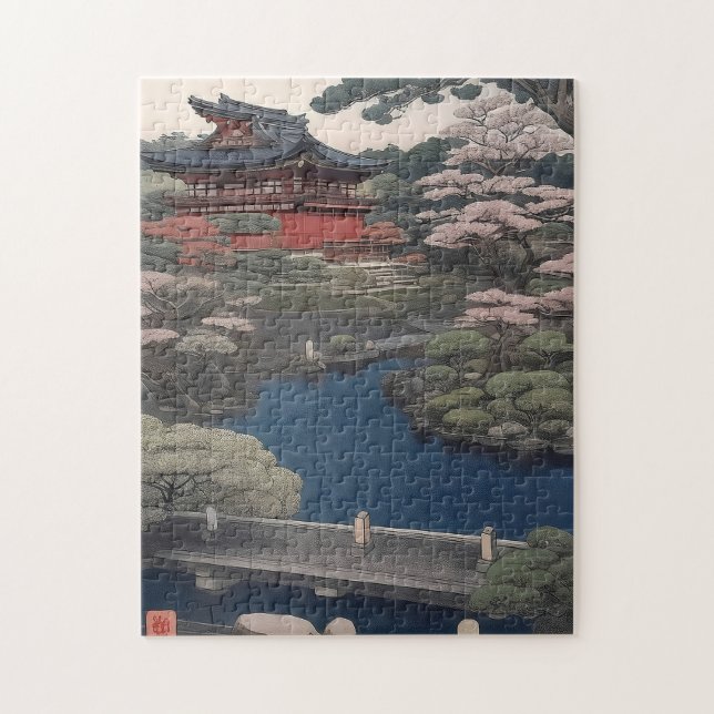 Tempel am Fluss - Japan Puzzle (Vertikal)