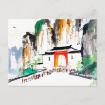 Tempel mit Menschen in der Bergwelt