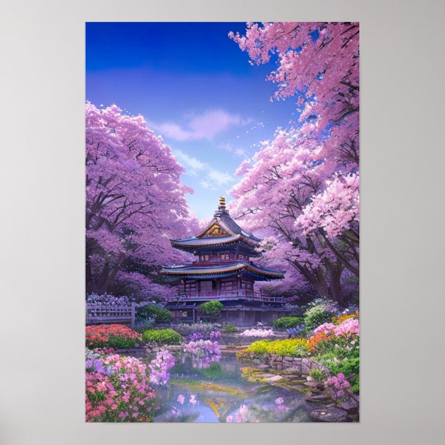 Tempel umgeben von Sakura-Bäumen Poster (Vorne)