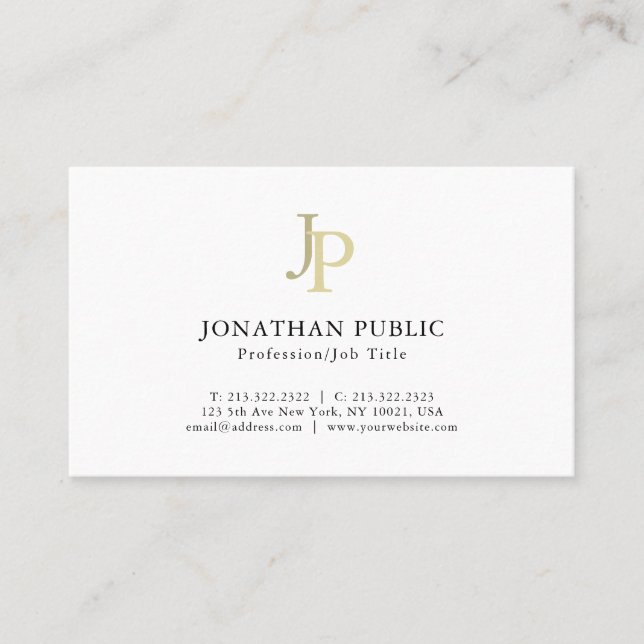 Template Elegant Monogram Beruflich Gold White Visitenkarte (Vorderseite)