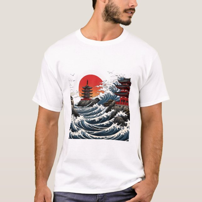 Temple Wave Art - Ukiyo-e Japanese Sunset Design T-Shirt (Vorderseite)