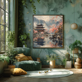 Templo y Cerezos en Flor: Impresionista y Realista Poster