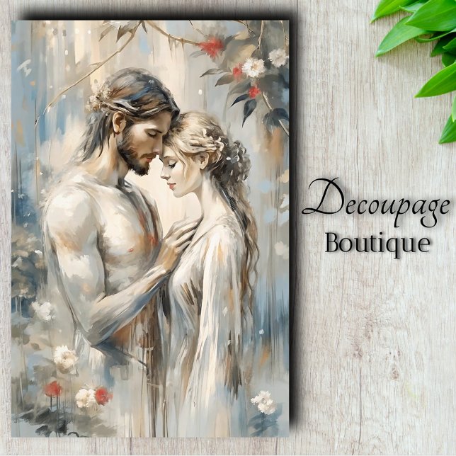 Tender Embrace Romance in Misty Blues Decoupage Seidenpapier (Tender Embrace - Romance in Misty Blues Decoupage Tissue Paper)