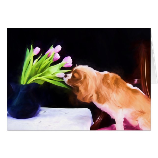 Tender Moment Cavalier King Charles & Tulips Card (Vorderseite (Horizontal))