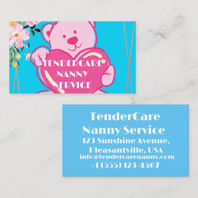 Tendercare Nanny Service Blue & Pink Teddy Bear Visitenkarte (Vorne/Hinten)