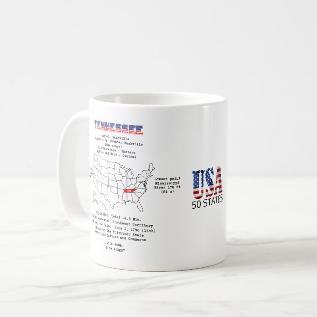 Tennessee American Staat auf einer Karte und nützl Kaffeetasse (Vorderseite Links)