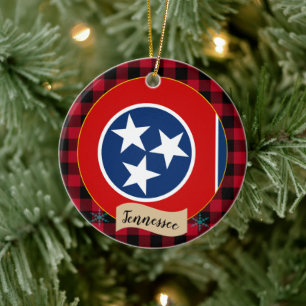 Tennessee, kariert- und Tennessee-Flagge mit rotem Keramik Ornament
