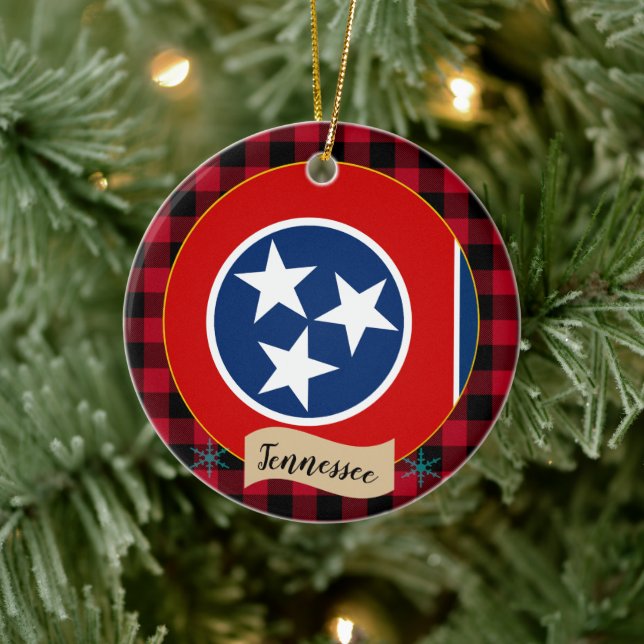 Tennessee, kariert- und Tennessee-Flagge mit rotem Keramik Ornament (Baum)