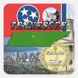 Tennessee Karte, Flagge, Staat Siegel und Bilder Quadratischer Aufkleber