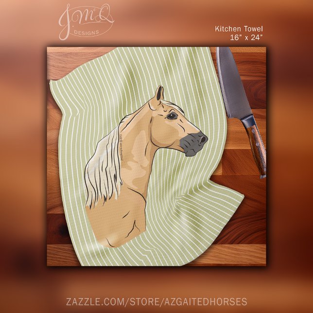 Tennessee Wanderpferd Gaited Palomino Gestrichen Handtuch (Palomino Tennessee Walking Horse illustration with blonde mane on a sage green striped background.)
