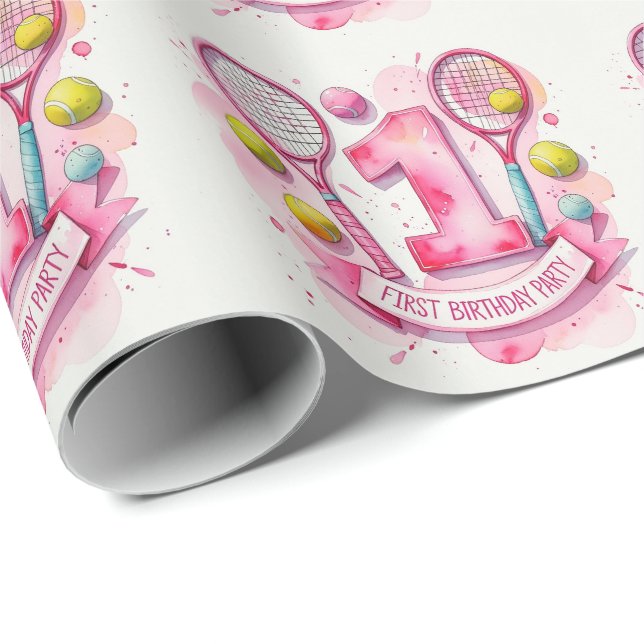 Tennis 1. Geburtstag für Mädchen in Rosa Geschenkpapier (Rolleneckpunkt)