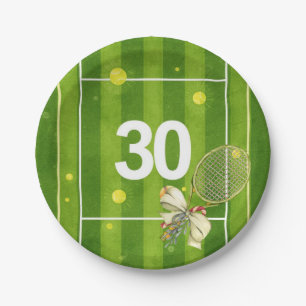 Tennis 30. Geburtstag Bälle auf dem Platz Pappteller