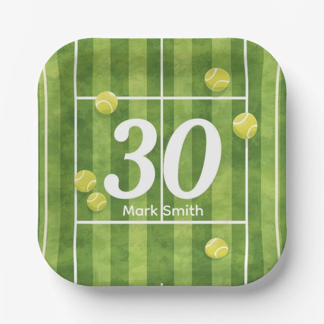 Tennis 30th Birthday Balls on the court  Pappteller (Vorderseite)