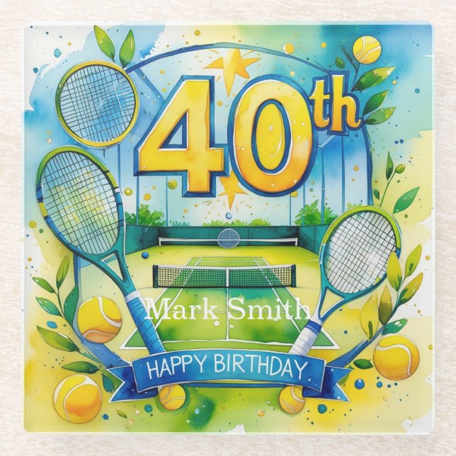 Tennis 40. Geburtstag Glasuntersetzer (Vorderseite)