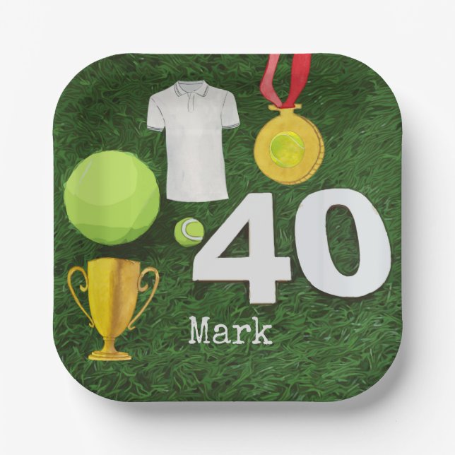 Tennis 40. Geburtstag mit Tennisball auf Grün Pappteller (Vorderseite)