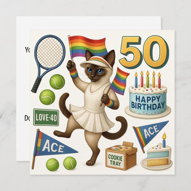 Tennis 50. Geburtstag für Cat Lovers Einladung (Vorne/Hinten)