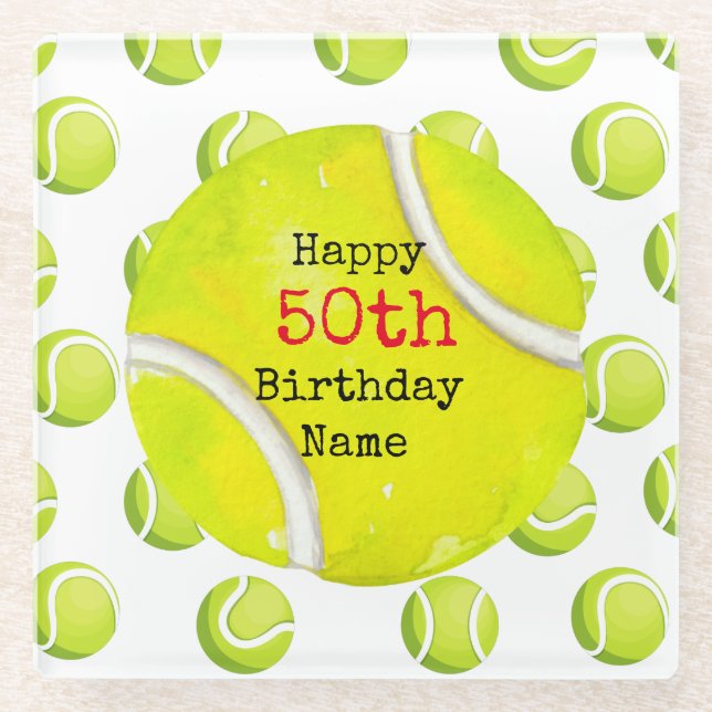 Tennis 50. Geburtstag mit Tennisball und Nummer Glasuntersetzer (Vorderseite)