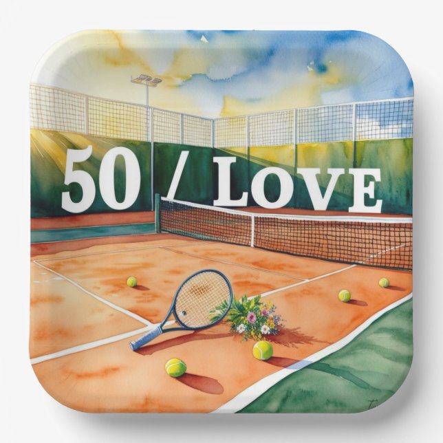 Tennis 50. Geburtstag Tennisball und Liebe Pappteller (Vorderseite)