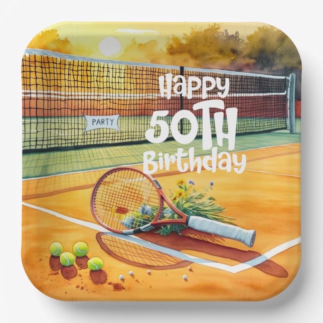 Tennis 50. Geburtstag Tennisball und Liebe Pappteller (Vorderseite)