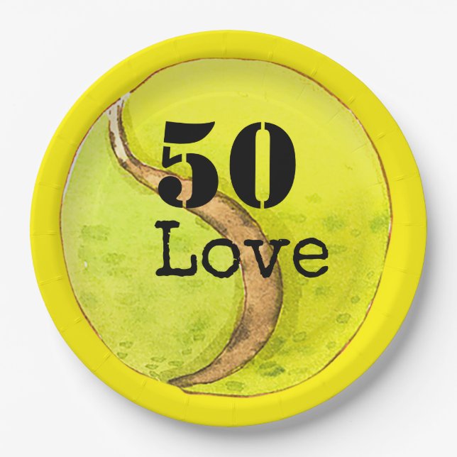 Tennis 50. Geburtstag Tennisball und Liebe Pappteller (Vorderseite)