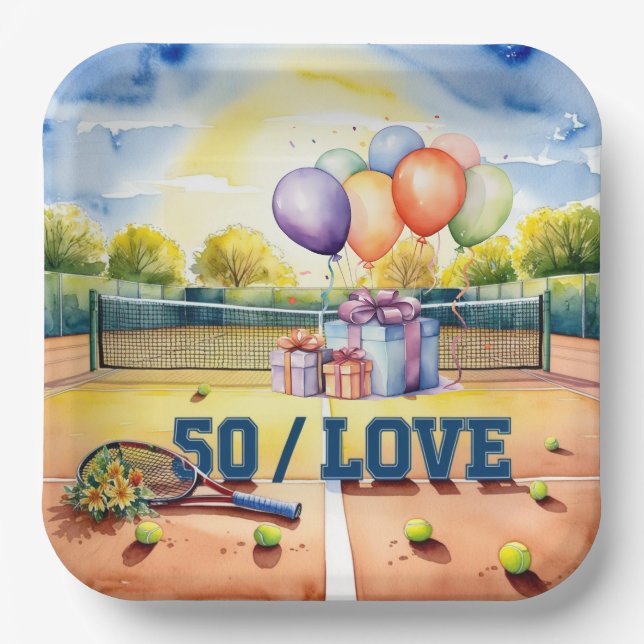 Tennis 50. Geburtstag Tennisball und Liebe Pappteller (Vorderseite)