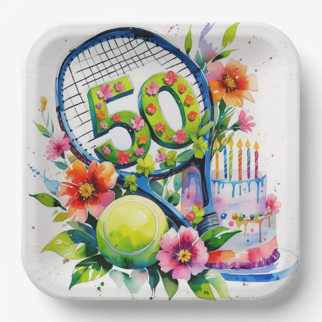 Tennis 50. Geburtstag Tennisball und Nummer Pappteller (Vorderseite)