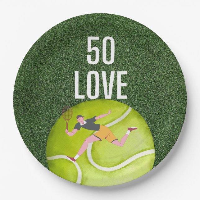 Tennis 50. Geburtstag Tennisball und Spielergrün Pappteller (Vorderseite)