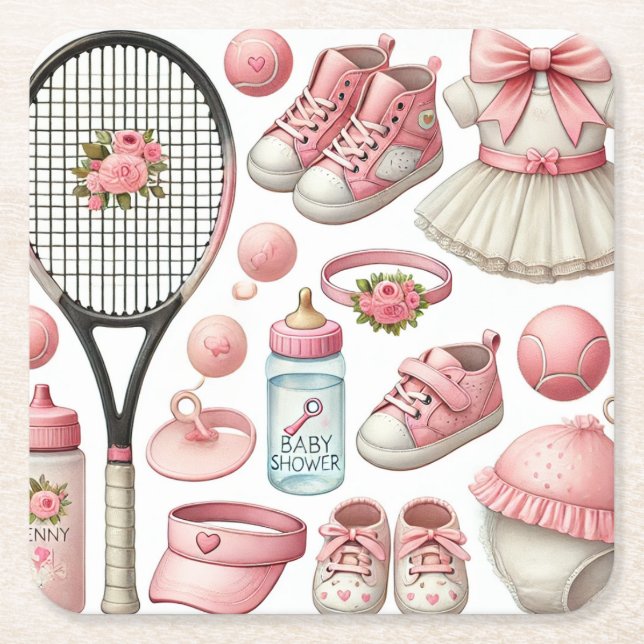 Tennis Baby-Dusche zum Thema Girl Pink Rechteckiger Pappuntersetzer (Vorderseite)