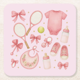 Tennis Baby Girl in rosa Thema mit Schläger Rechteckiger Pappuntersetzer