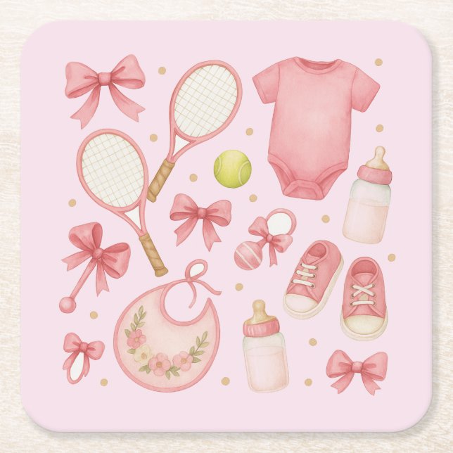 Tennis Baby Girl in rosa Thema mit Schläger Rechteckiger Pappuntersetzer (Vorderseite)