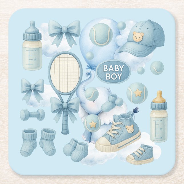 Tennis Baby Shower for Baby Boy Blue themed Rechteckiger Pappuntersetzer (Vorderseite)