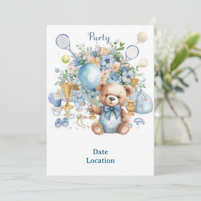 Tennis Baby Shower für Baby Boy Blue thematisiert Einladung (Stehend Vorderseite)