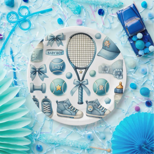 Tennis Baby Shower für Baby Boy Blue thematisiert Pappteller (Party)
