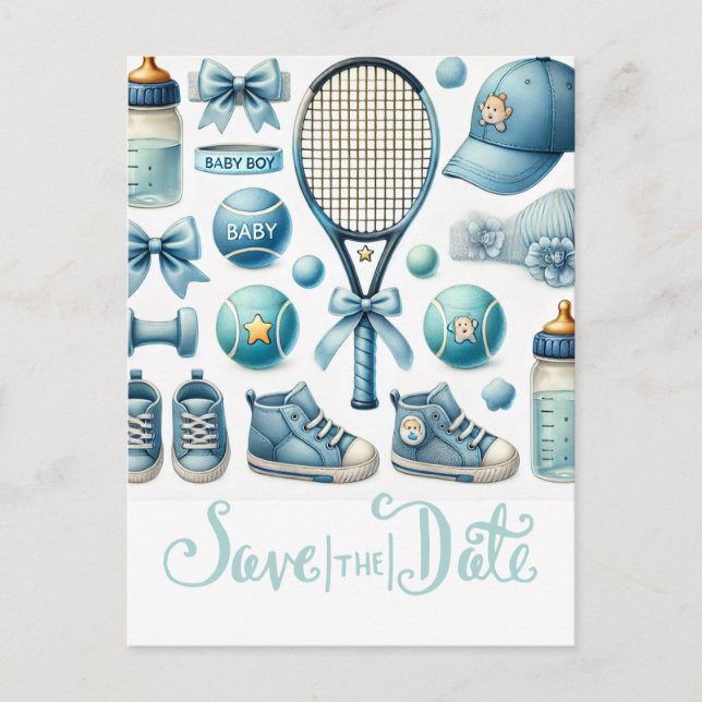 Tennis Baby Shower für Baby Boy Blue thematisiert Postkarte (Vorderseite)