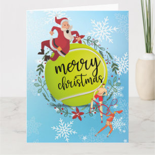 Tennis Ball hinter Santa Claus Frohe Weihnachten Karte