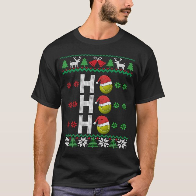 Tennis Ball Ho Ho Weihnachtsmannmütze Tennis Ugly  T-Shirt (Vorderseite)