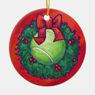 Tennis Ball in Wreath auf Rot Keramikornament