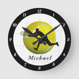 Tennis Ball & Male Player Silhouette Coach Name Runde Wanduhr