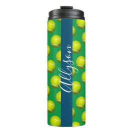 Tennis Ball Muster, Weißer Name Ozean Blau & Grün Thermosbecher