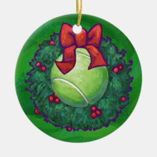 Tennis Ball Weihnachtskranz auf Grün Keramikornament