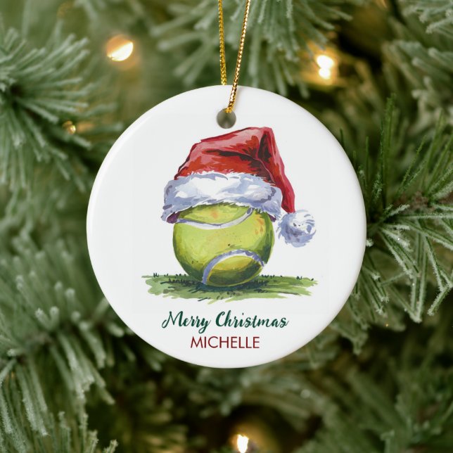  Tennis Ball with Santa Hat Custom Christmas       Keramik Ornament (Baum)