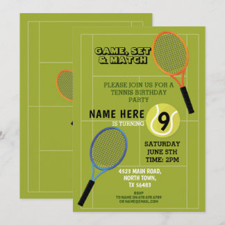 Tennis Birthday Party Sports Ball Rackets Court Einladung