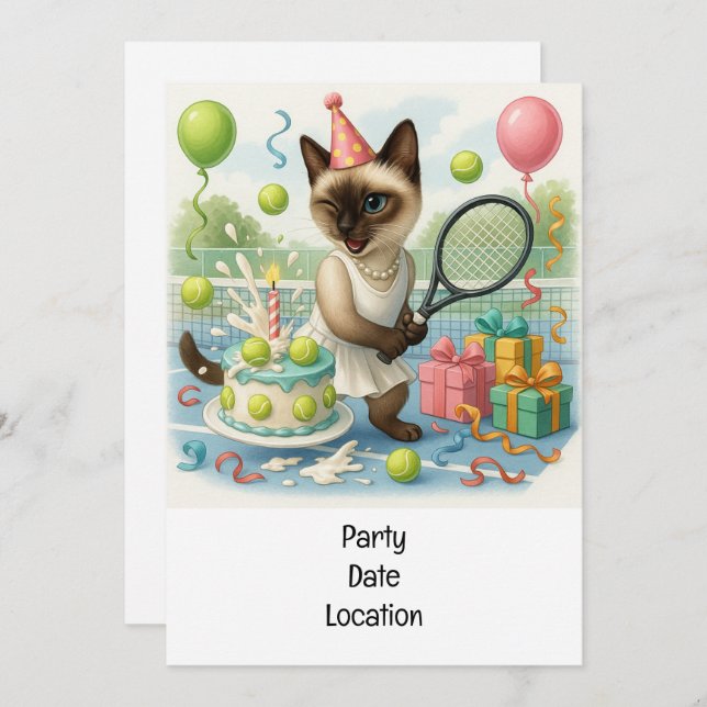 Tennis Cat Paw-some Birthday Party Einladung (Vorne/Hinten)