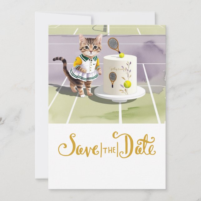 TENNIS CAT PLAYER mit Cake Party vor Gericht Save The Date (Vorderseite)
