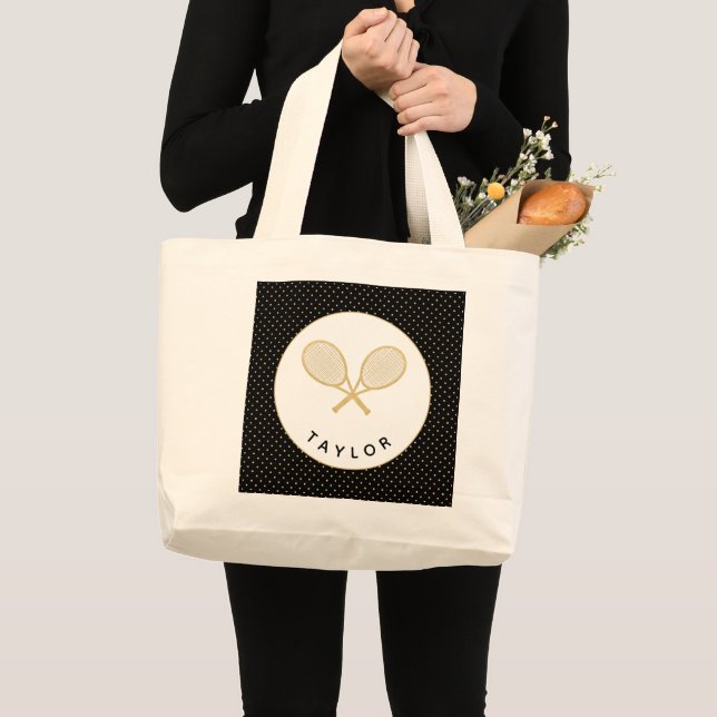 Tennis Chic Sportgeschenk Schwarz und Gold Custom Jumbo Stoffbeutel (Vorderseite (Produkt))