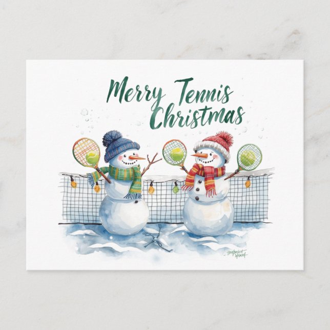 Tennis Christmas  Festive Snowman  Feiertagspostkarte (Vorderseite)