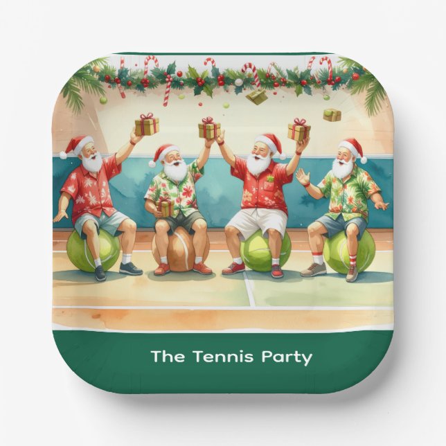 Tennis Christmas Summer with Santa Claus at beach  Pappteller (Vorderseite)