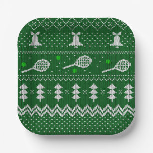 Tennis Christmas Sweater Gezwirntes Muster Grün Pappteller