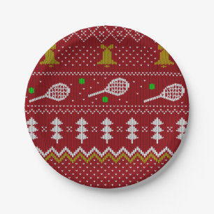 Tennis Christmas Sweater Gezwirntes Muster Red Xma Pappteller