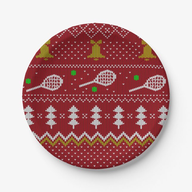 Tennis Christmas Sweater Gezwirntes Muster Red Xma Pappteller (Vorderseite)